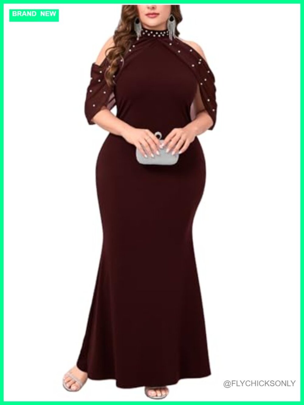 Plus Size Mermaid Formal Maxi Dress Pearl Rhinestone Cold Shoulder Halter